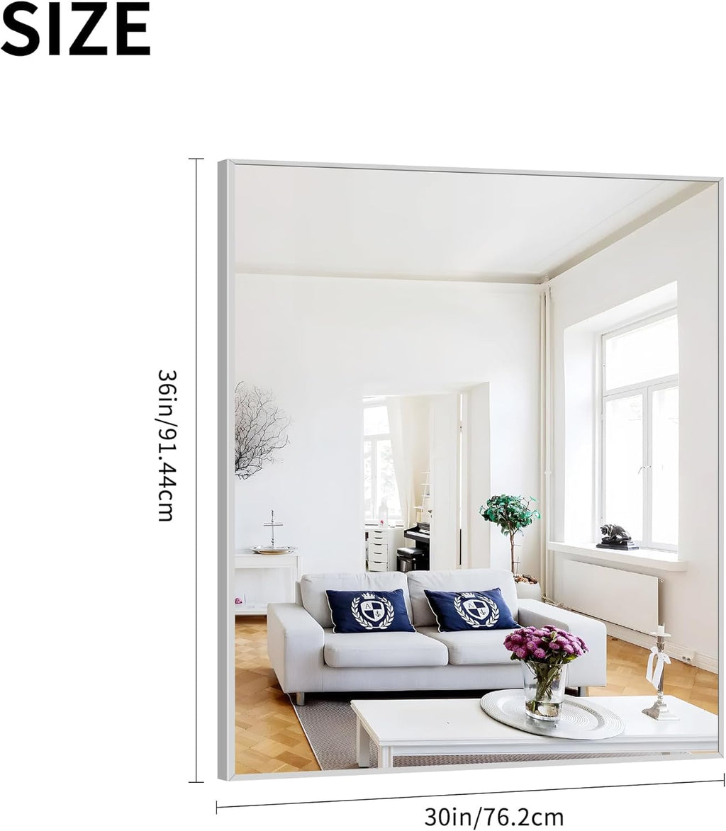Silver Bathroom Mirror for Wall, 30x36 Inch Rectangle with Metal Frame, Modern Vanity for Bathroom Living Room, Entryway Hangs Horizontal or Vertical