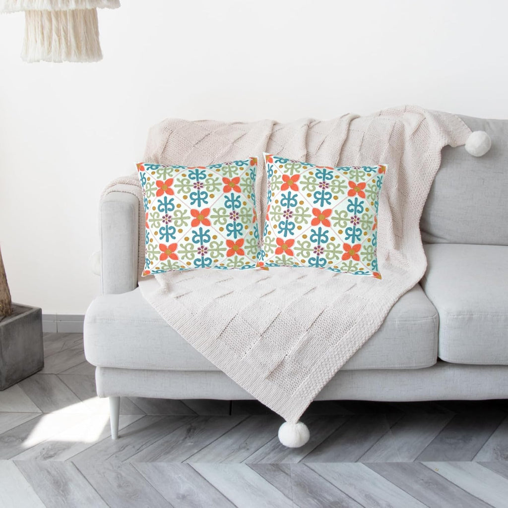Embroidered Decorative Throw Pillow Cover, 18"x18" Set of 2, Farmhouse Pillowcase Colorful Flower Knit Pattern Cotton Canvas Cushion Case Square Floral Pillow Case for Sofa Couch Bed Living Room
