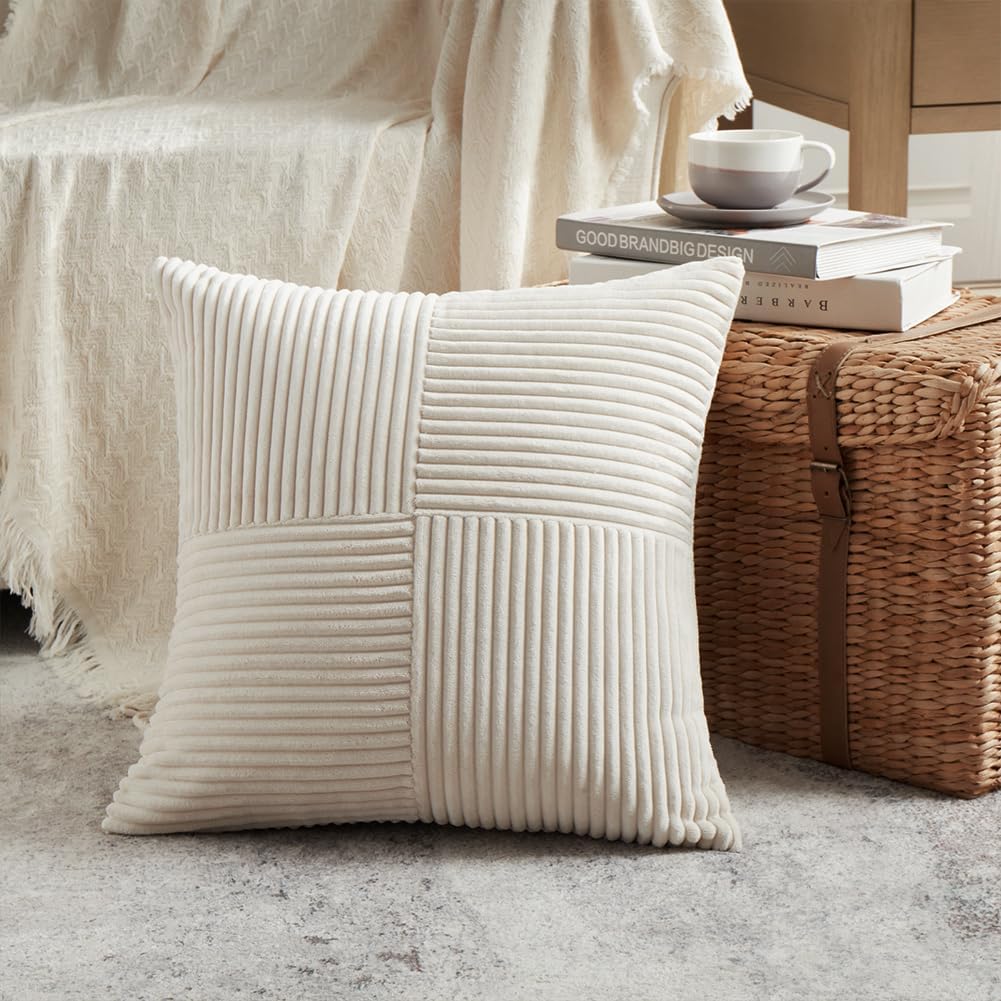 Fancy Homi 2 Packs Cream Decorative Throw Pillow Covers 22x22 Inch for Living Room Couch Bed Sofa, Rustic Farmhouse Boho Home Decor, Soft Corss Corduroy Patchwork Accent Square Cushion Case 55x55 cm