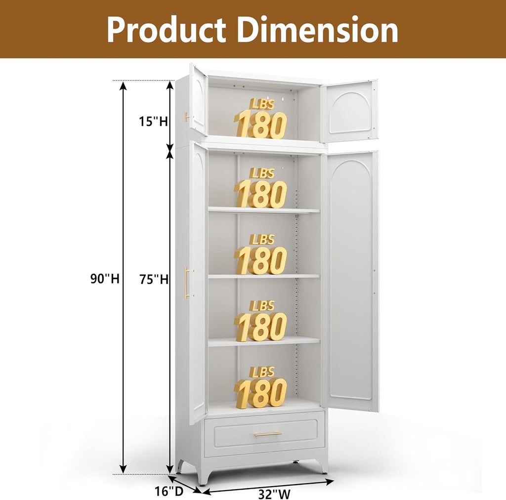 Kitchen Cabinet, 90" Tall Metal Pantry Cabinet, Freestanding Cupboards with One Drawer, Food Storage Cabinets for Dining, Living Room, White, 16" D x 32" W x 90" H, Assembly Required