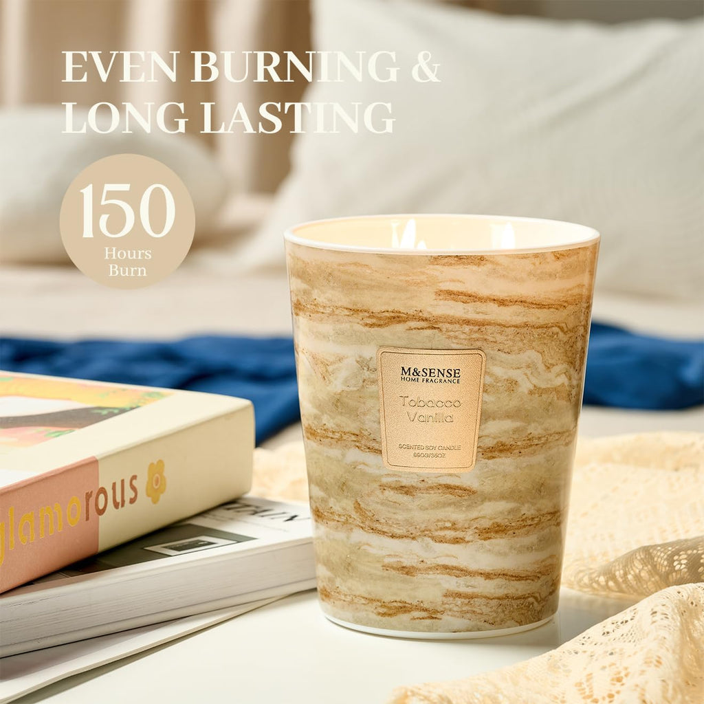 M&SENSE TobaccoVanilla Scented Candles for Home, 3-Wick Highly Scented Jar Candles, Extra Large Candle 35 Oz 150 Hours Long Lasting Burning, Relaxing Aromatherapy Candle for Stress Relief, Meditation