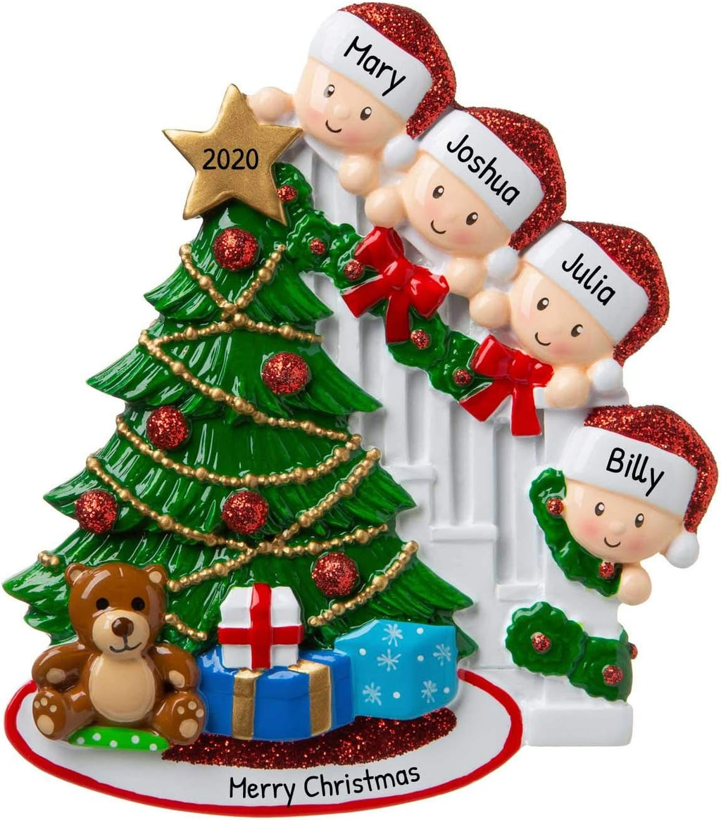 3D Peeking Family of 4 Ornament 2025 Personalized Family Christmas Ornaments 2025 | Staircase Personalized Tree Ornaments for Grandchildren, Siblings & Grandkids Xmas Tree with Gift of Four Ornament