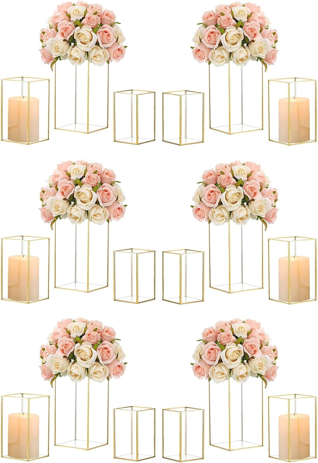 Hewory Glass Hurricane Candle Holder Set of 18, Gold Large Hurricane Centerpiece for Table, Tall Floor Square Pillar Candle Holders Lantern Set for Wedding, Anniversary, Party, Fireplace, Dining Room