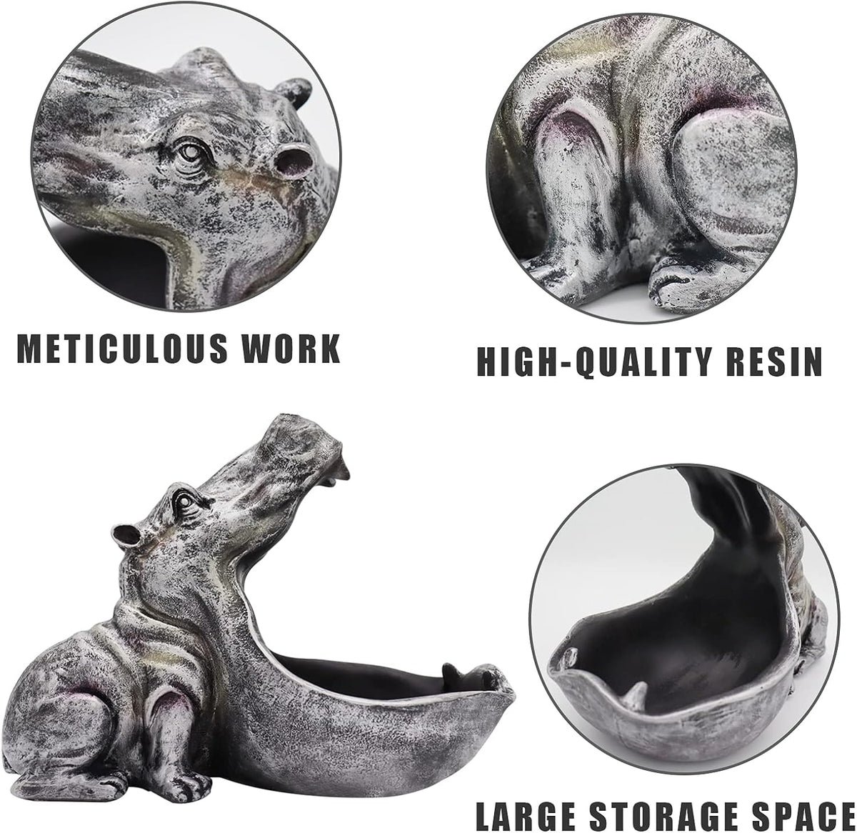 aboxoo Hippo Statue Home Resin Hippopotamus Figurine Fun Candy Dish,Key Bowl,Big Mouth Sculpture Table Art Decoration Sundries Container Storage Boxes (Grey)