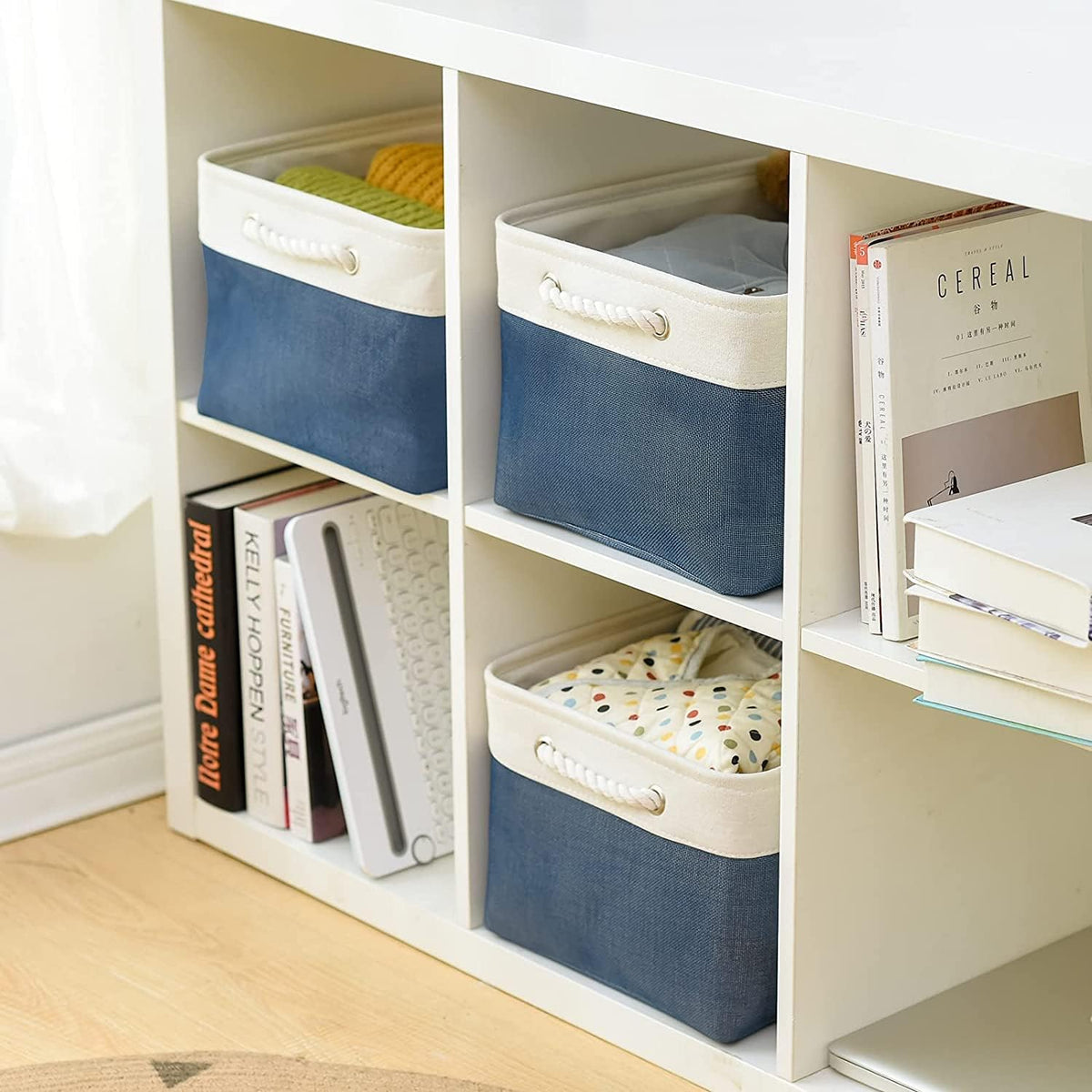 TheWarmHome Storage Bins for Shelves - 1 Pack 15.7x11.8x8.3 inch Fabric Storage Cubes, Storage Basket for Organizing Gift Laundry Cloth Toy Room (White & Jean Blue)
