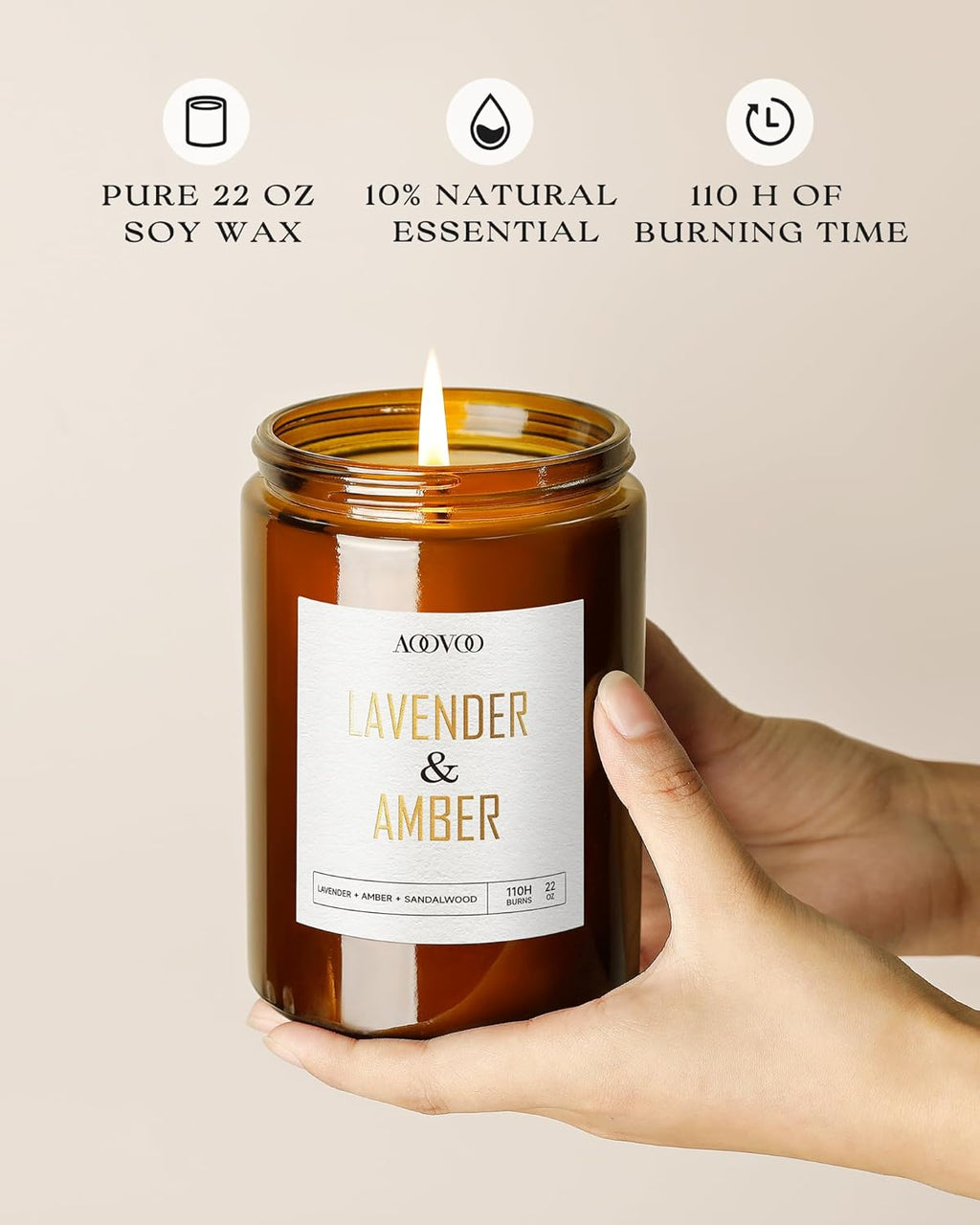 AOOVOO Lavender Amber Candles - 22 oz Scented Candles, Aromatherapy Candle, Soy Candle for Home Scented