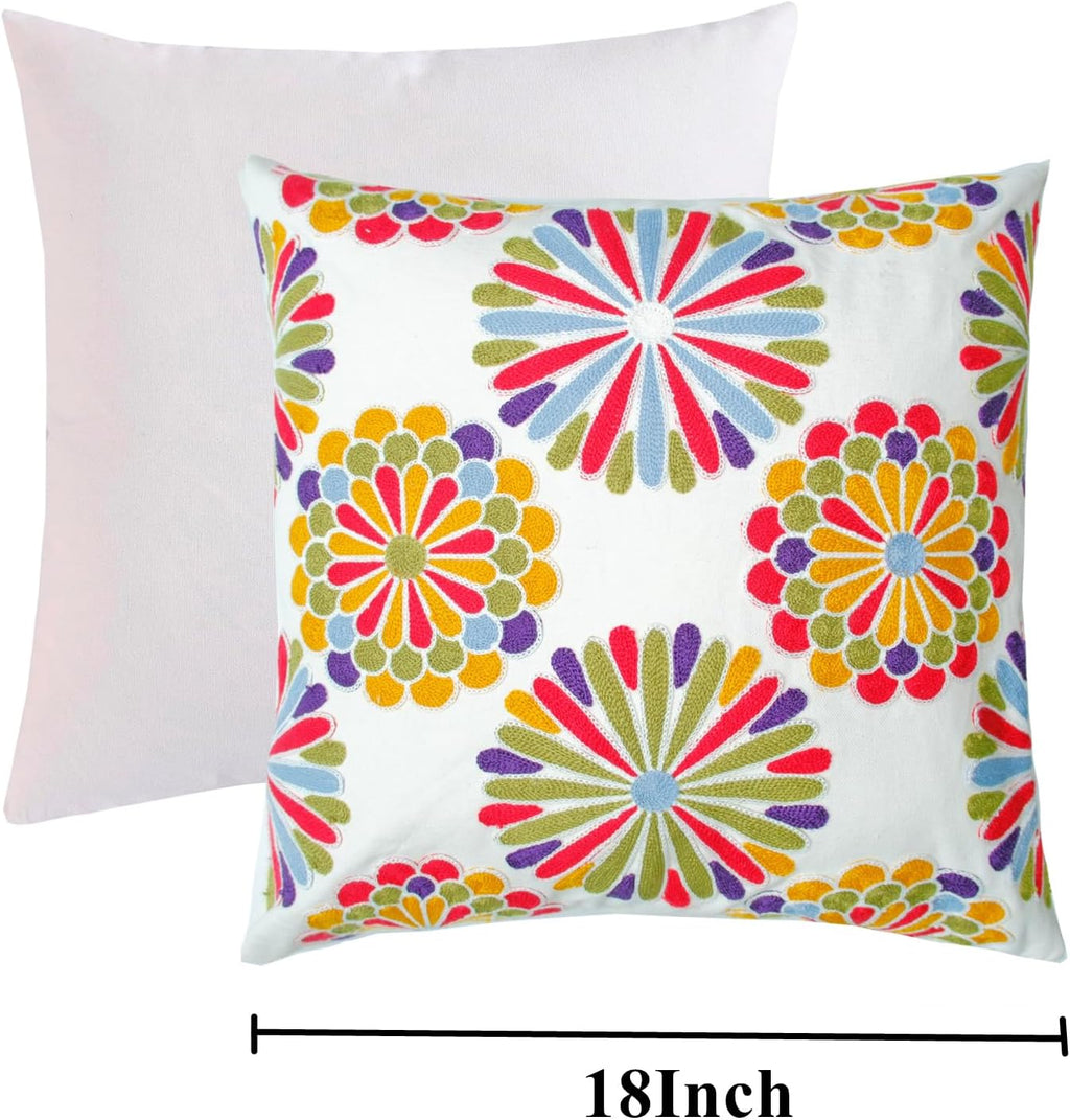 Embroidered Decorative Throw Pillow Cover, 18"x18" Set of 2, Farmhouse Pillowcase Colorful Knit Pattern Cotton Canvas Cushion Case Square Floral Pillow Case for Sofa Couch Bed Living Room