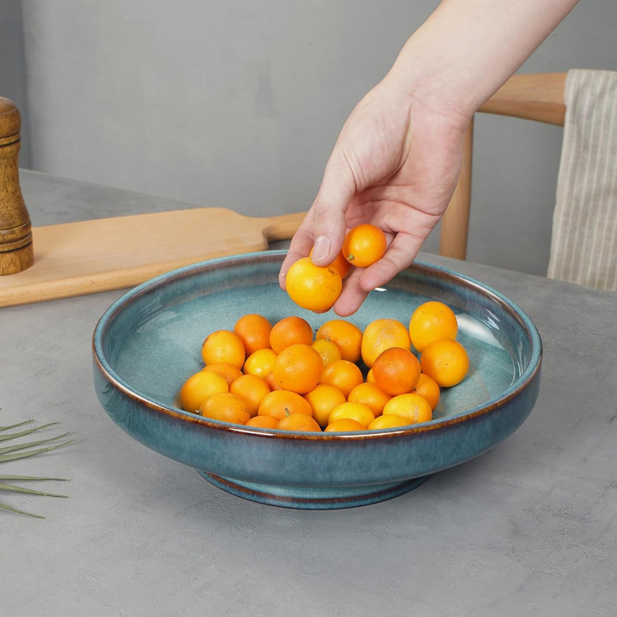 Ceramic Fruit Bowl for Kitchen Counter,Decorative Pedestal Bowl for Table Countertop,Large Footed Serving Bowl,10.2 Inch (Blue)