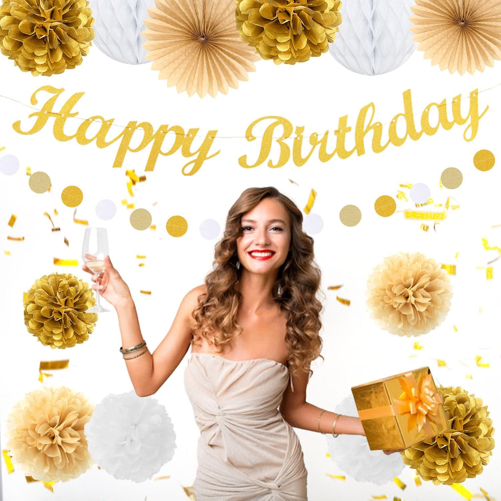 White-Gold Champagne Birthday Party-Decorations Paper-Flowers - 14pcs Happy Banner Engagement Honeycomb Tissue Pom Poms,Women Streamers Garland Beige Fans,21st 18th Girl Hanging Supplies Decor Hugfond