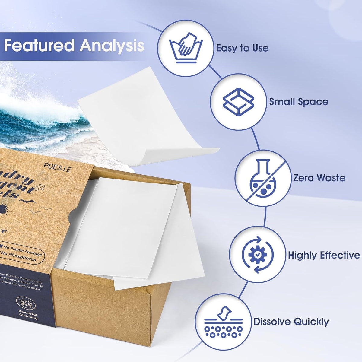 Poesie Laundry Detergent Sheet Ocean Breeze Scent 160 Loads Portable Non-Plastic Drawer Box Travel-Friendly Liquidless Portable No Mess Laundry Soap Strips for Home Dorm RV Outdoor Trip