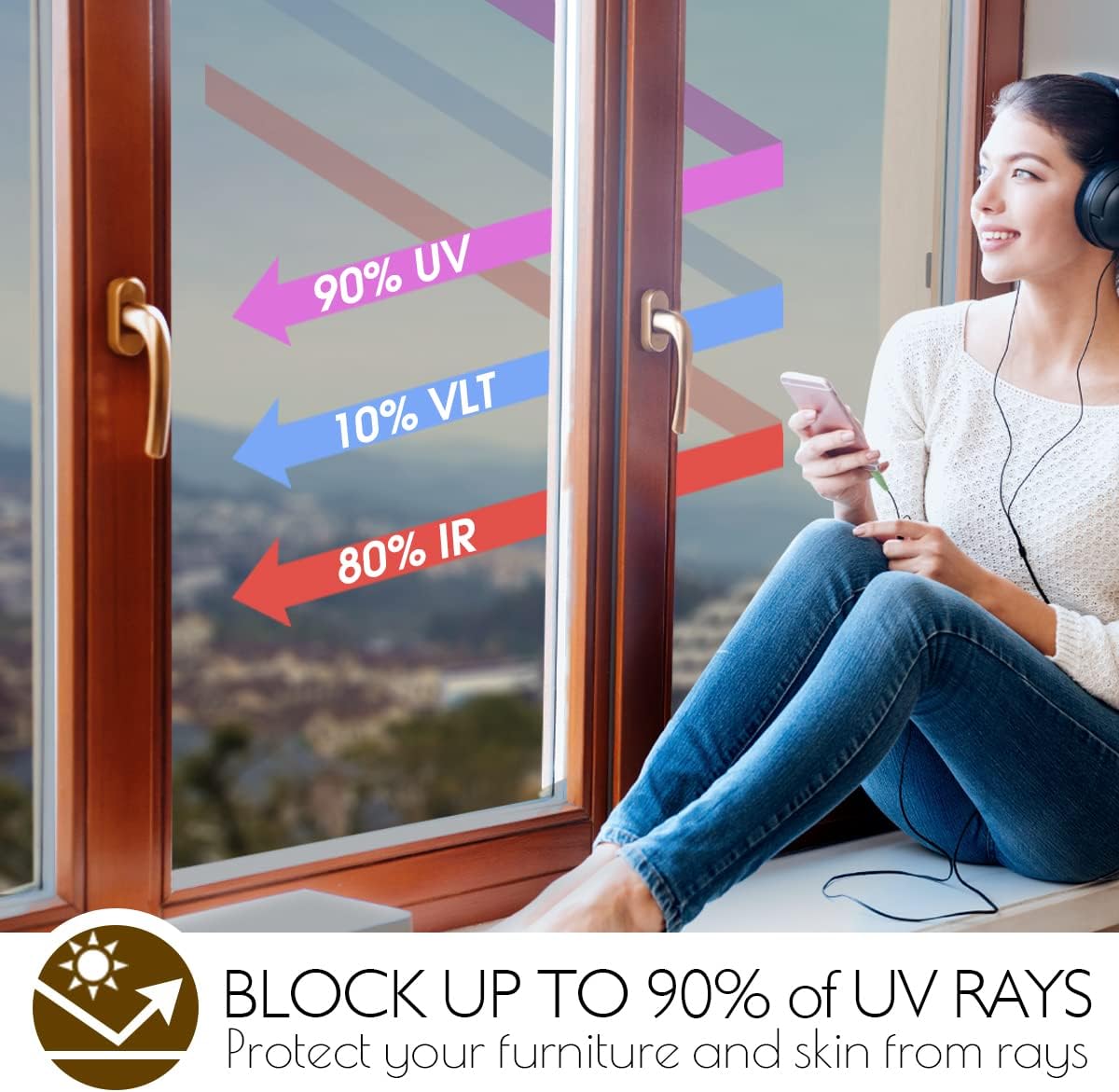 HIDBEA Window Privacy Film Daytime, Heat Control Sun Blocking Anti UV Non-Adhesive Self Static Cling One Way Mirror Window Tint for Home (Brown-Silver, 35.4 Inch x 8.2 Feet)