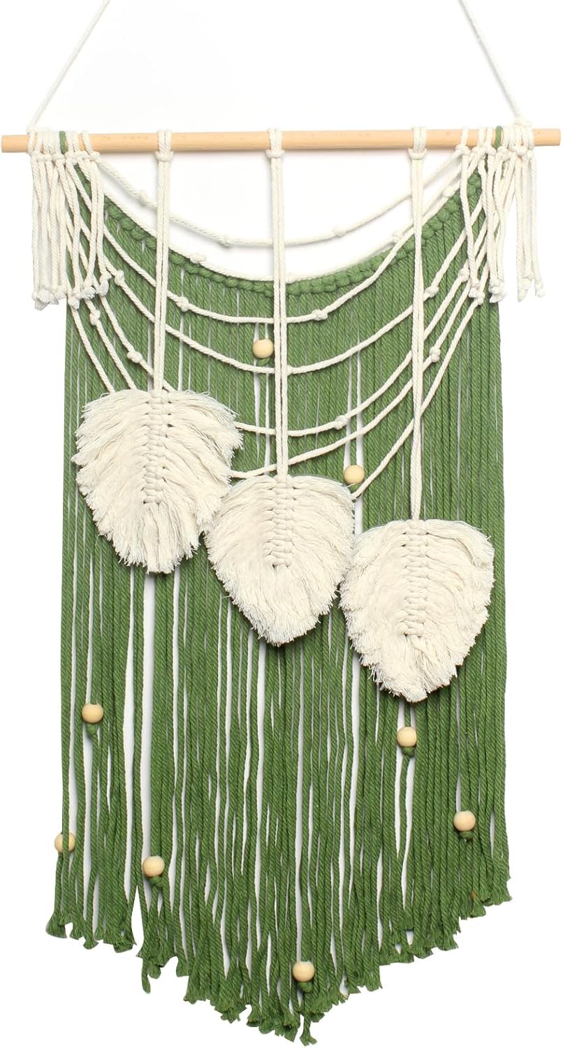JONKASIPA Macrame Wall Hanging Bohemian Handmade Leaf Feather Wall Art Decorations, Green fringe Chic Home Decor for Apartment Dorm Living Room Bedroom