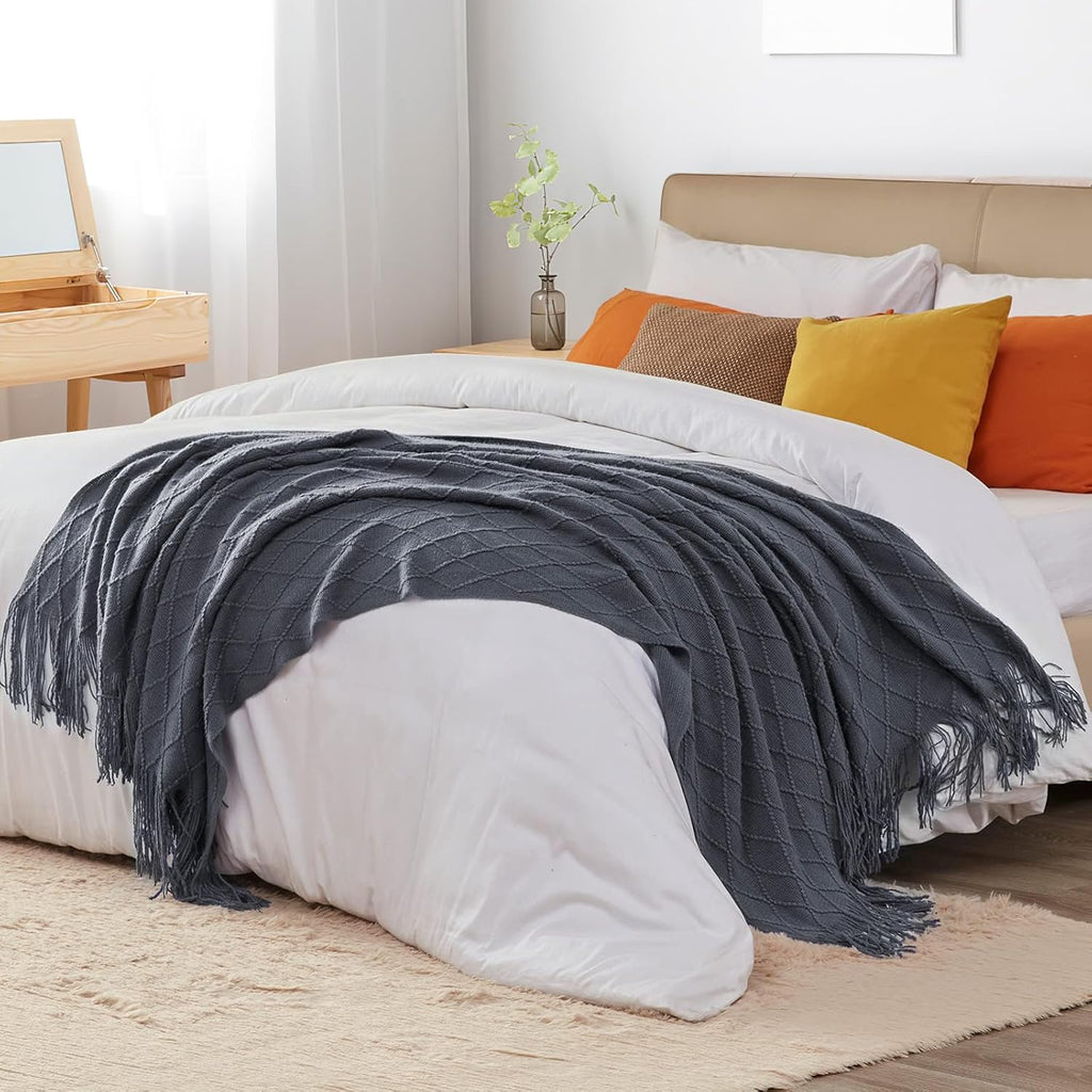 inhand Knit Graphite Grey Throw Blanket for Couch, Soft Living Room Home Decor Knitted Twin Size Blanket, Outdoor Lightweight Breathable Summer Blanket, Farmhouse Warm Woven Decorative, 60"x80"
