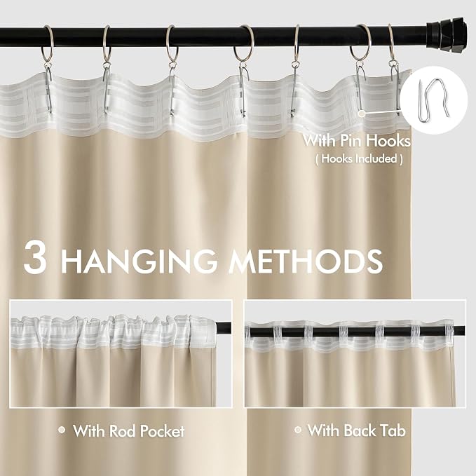 MIULEE Cream Beige Back Tab Blackout Curtains 52x100 Inch Length 2 Panels | Rod - Image 3
