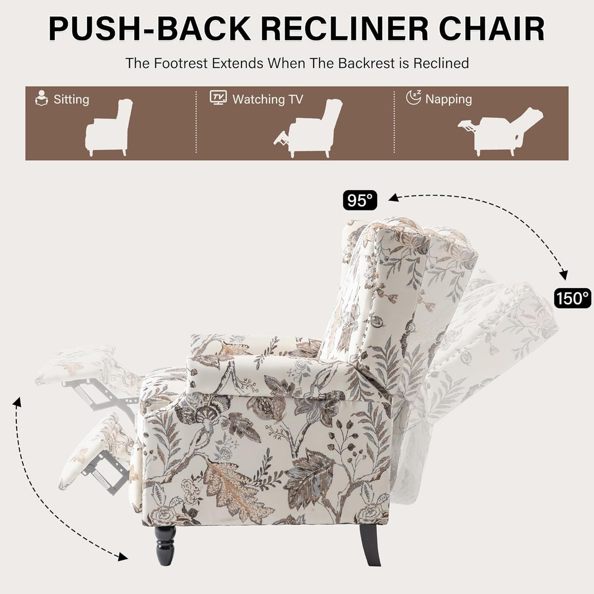 UIXE Pushback Recliner Chair, Fabric Upholstered Armchair Push Back Accent Chair for Living Room, Rivet Trim Home Theater Single Sofa Bedroom Reading Seat with Footrest - Beige Plants