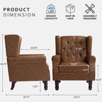 High Back Accent Chairs Set of 2,Upholstered Faux Leather Wingback Armchairs with Solid Wood Legs for Small Spaces,Comfy Single Sofa Chairs for Living Room,Bedroom,Office-Brown