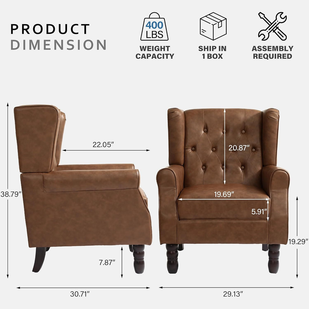 High Back Accent Chairs Set of 2,Upholstered Faux Leather Wingback Armchairs with Solid Wood Legs for Small Spaces,Comfy Single Sofa Chairs for Living Room,Bedroom,Office-Brown