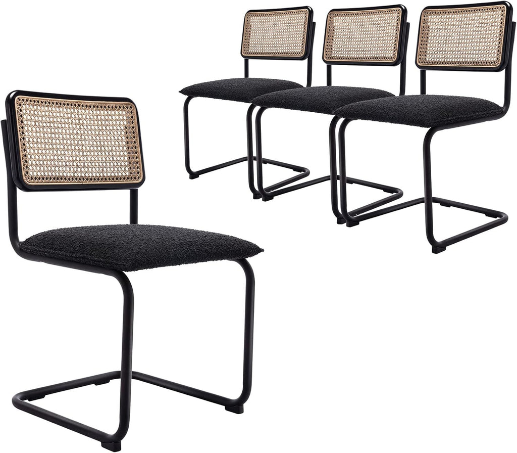 Mid Century Modern Rattan Dining Chairs Set of 4, Boucle Kitchen Chairs with Handwoven Mesh Rattan Backrest and Metal Legs, Upholstered Accent Side Chairs, Black