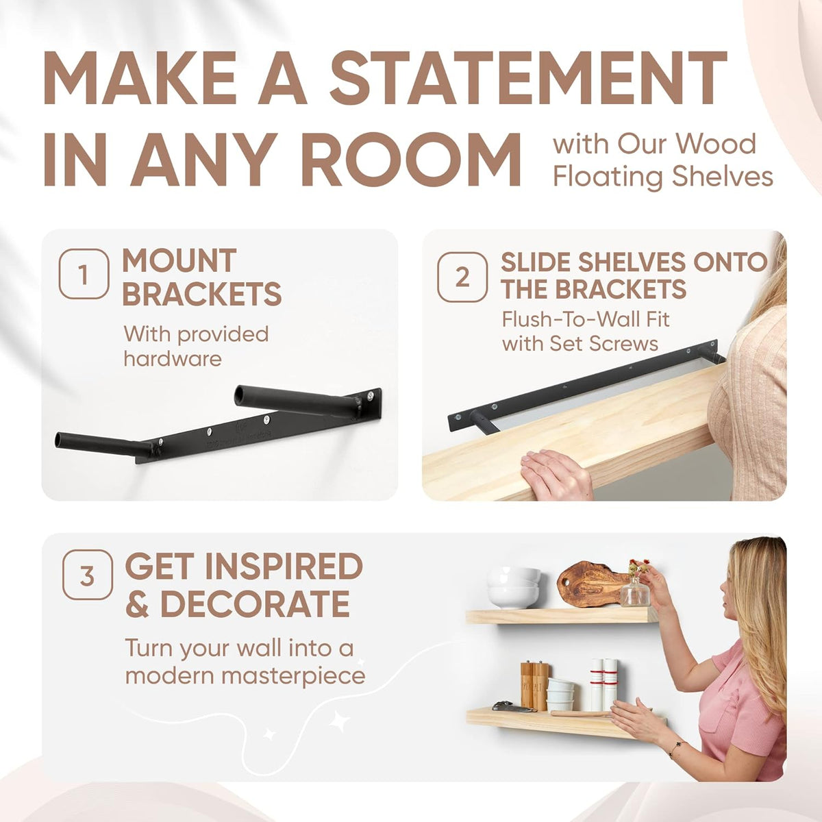 Homeforia 24 inch Natural Floating Shelf, High End Solid Real Wood 24inch Small Floating Shelves for Wall Mounted, Natural Wooden Floating Shelves, Heavy Duty Bracket, 24 X 6.5 X 1.75 in, Set of 3