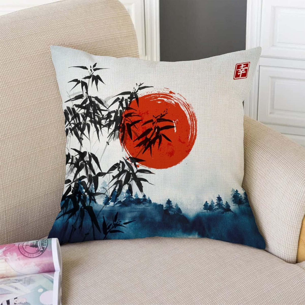TSSOHU Throw Pillow Cover Japanese Bamboo Pillow case Asian Ink Painting Black Tree Stems Red Sun Mountains Decorative Pillow Case Funny Home Decor Square 18 x 18 Inch Cushion Pillowcase
