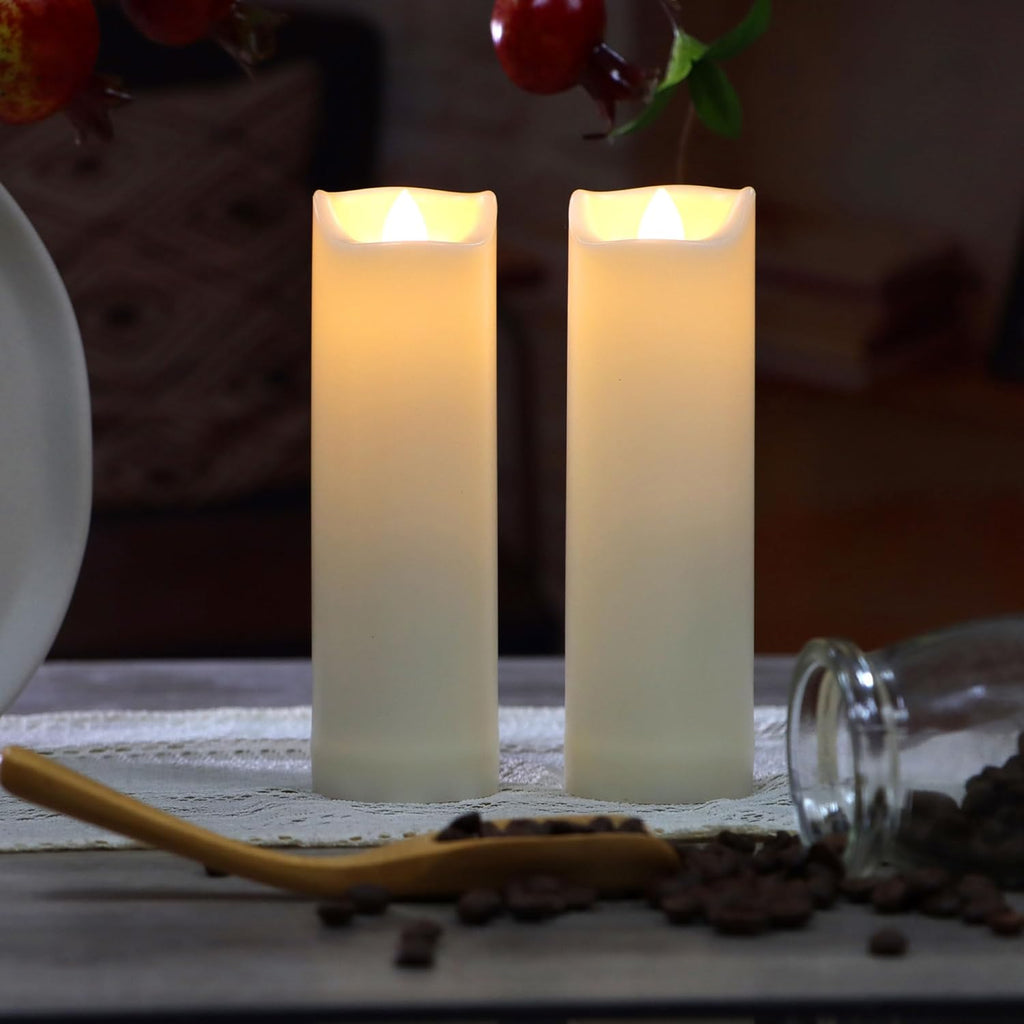 CANDLE CHOICE Waterproof Outdoor Battery Operated Flameless Candles with Auto Timer Flickering Plastic Resin Electric LED Slim Pillar Lights for Lantern Patio Garden Wedding Decorations 2”x7” 2 Pack