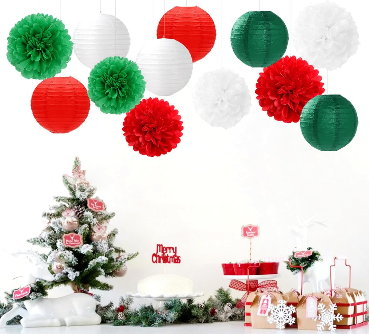 Red-Green White Party-Decorations Christmas Flowers Lanterns - 15PCS Italian Mexican Independence Day Paper Tissue Pom Poms Streamers,Mexico Italy Birthday Baby Shower Wedding Hanging Decor Hugfond