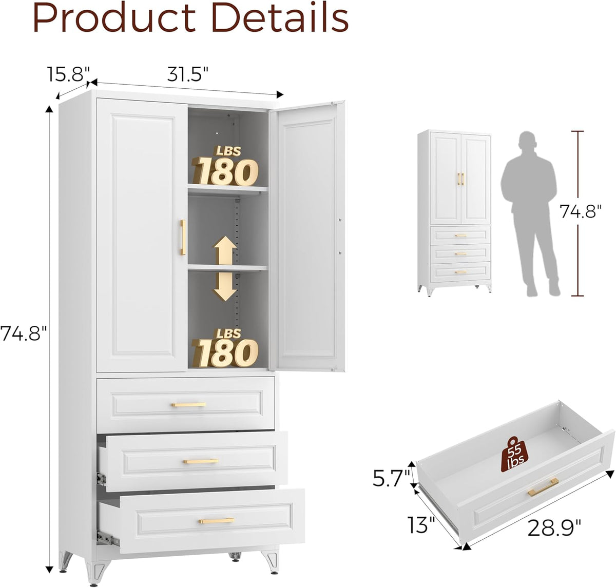 75" Kitchen Pantry Cabinet, Metal Storage Cabinets with Doors and Adjustable Shelves, White Tall Pantry Cabinet with 3 Drawers for Dinning Living Room