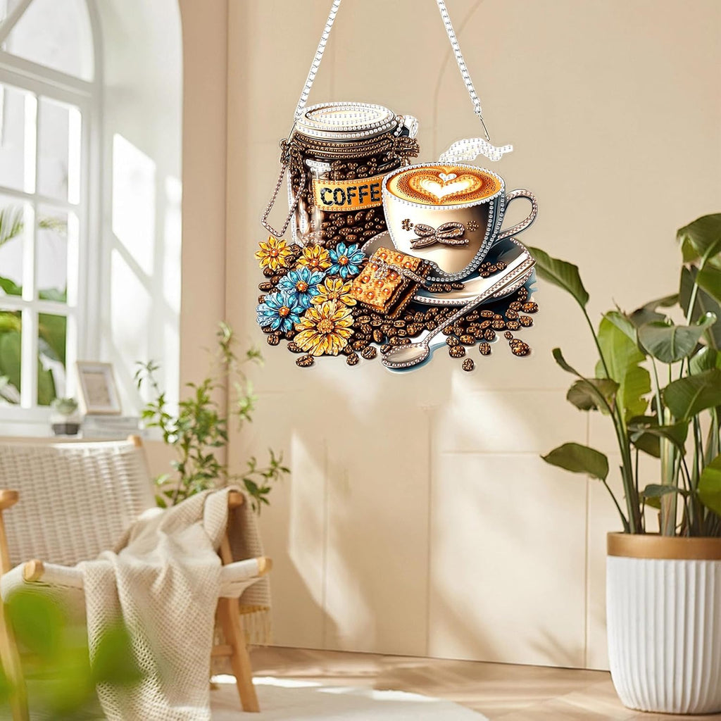 Lxmsja DIY Coffee Beans Diamond Painting Hanging Ornament, Double-Sided Acrylic Flowers Diamond Art Kit, Special Shaped Drill Pendant Window Art Kit, Suncatcher Hanging Craft Decoration 8x8 inch