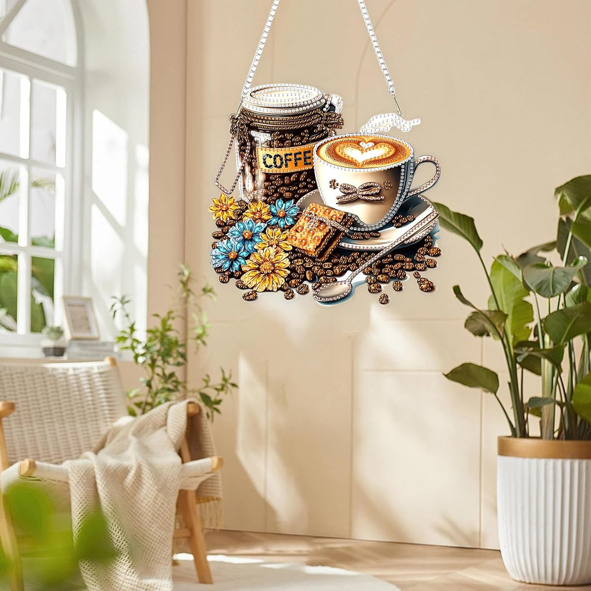 Lxmsja DIY Coffee Beans Diamond Painting Hanging Ornament, Double-Sided Acrylic Flowers Diamond Art Kit, Special Shaped Drill Pendant Window Art Kit, Suncatcher Hanging Craft Decoration 8x8 inch