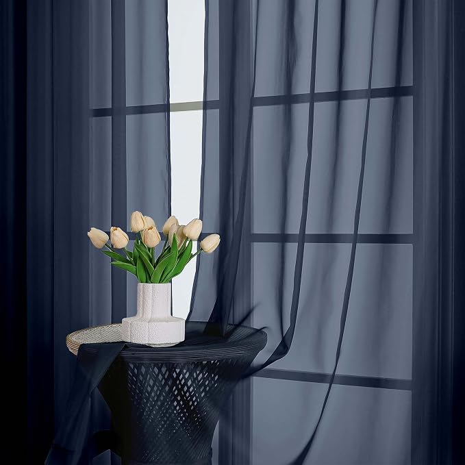 Chyhomenyc Extra Long Navy Blue Sheer Curtains 108 Inches Long 2 Panels - Image 2