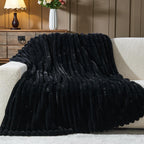 NEWCOSPLAY Faux Fur Throw Blanket Black 3D Ribbed Plush Thick Warm Blanket for Couch Sofa Bed 850GSM (Black Ribbed, Throw(50"x60"))
