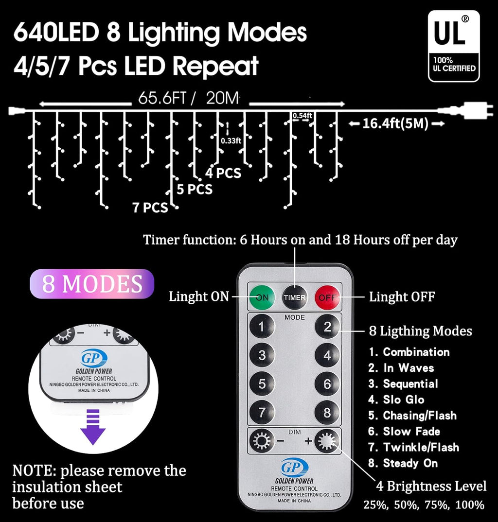 Icicle Christmas Lights Outdoor Decorations 640 LED 65.6 FT 8 Modes LED Icicle String Light with 120 Drops, Fairy String Curtain Lights for Christmas Holiday Decor Wedding Party (Cold White)