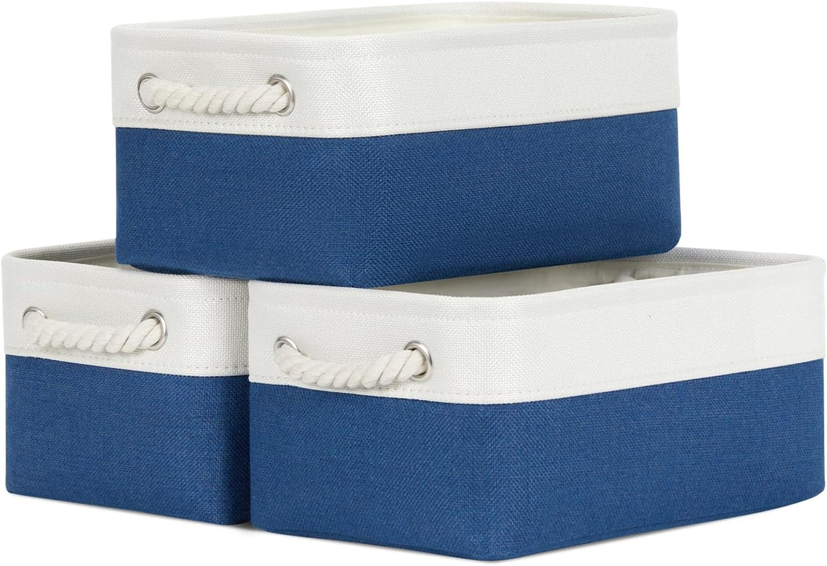 Bidtakay Small Storage Baskets for Shelves 3 Pack Fabric Storage Bins for Organizing Linen Collapsible Organizer for Closet-White&Blue