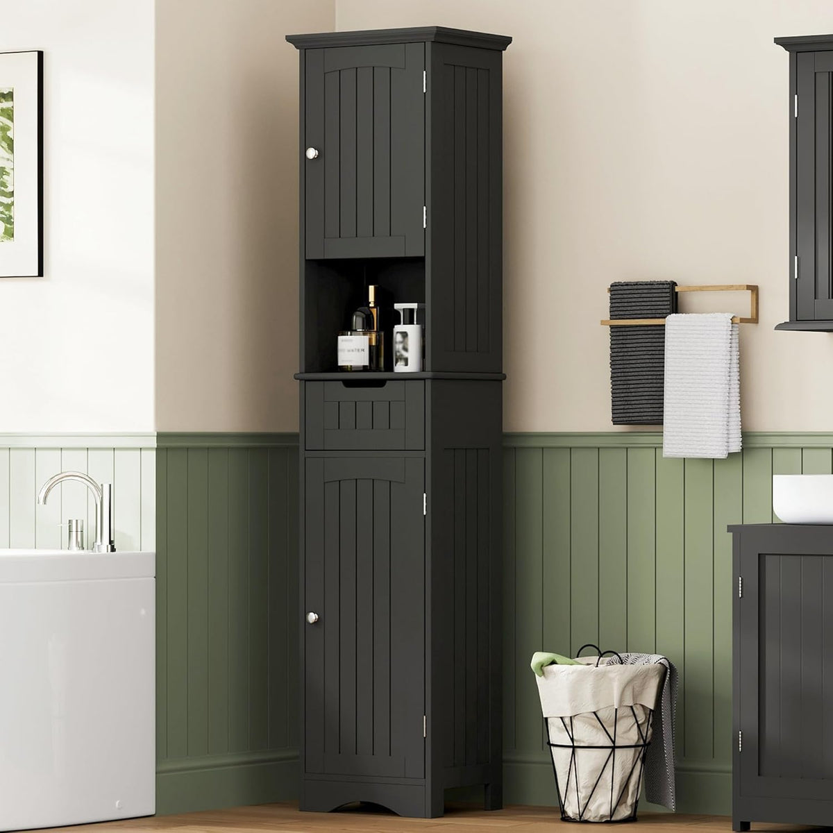 ChooChoo 67" Tall Bathroom Storage Cabinet Freestanding with Adjustable Shelves, Narrow Storage Linen Cabinet with 2 Doors and 1 Drawers for Bathroom, Living Room, Kitchen, Black