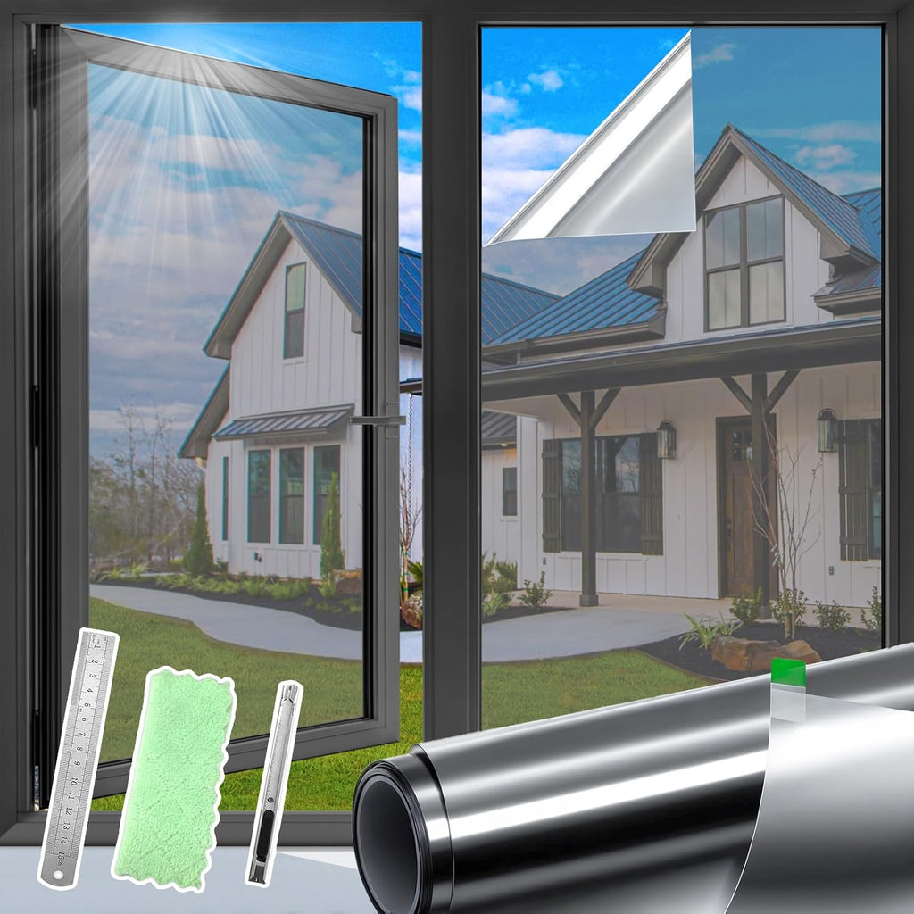 DUOFIRE One Way Window Film Privacy See Out Not in Heat Blocker Tint Reflective Mirror Tinting Film for Home Static Cling Anti-UV Sun Blocking Window Covering（Dark Silver, 11.8x78.7in）