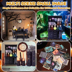 56 Pcs Halloween Miniatures Decorations 1:12 Scale Magic House Accessories Mini Wooden Bookshelf Furniture Set Tiny Sorcery Bottles Books Desk Chair Witch Hat Dollhouse Decor