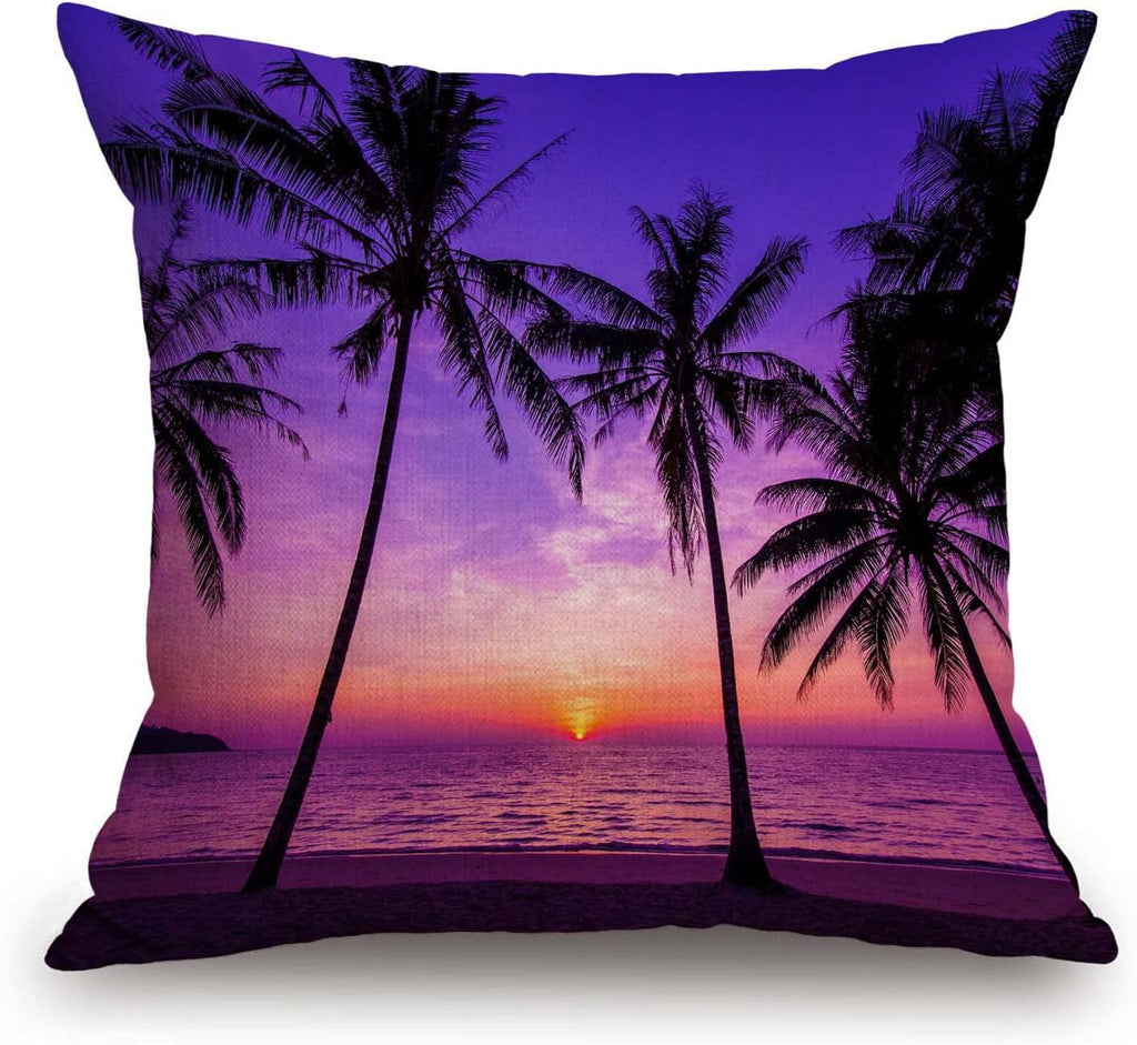 TSSOHU Sunset Beach Pillow Cover 18x18 Inch Tropical Palm Tree Landscape Cotton Linen Cushion Cover for Home Sofa Chair Decor Farmhouse Pillow Case