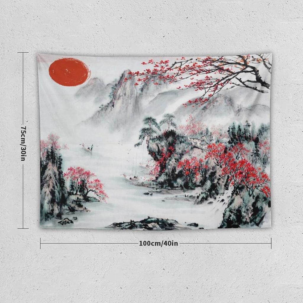 Cherry Blossoms Tapestry, Japanese Red Landscape Asian Watercolor Abstract Art, Bedroom Living Room Decor 40"x30"