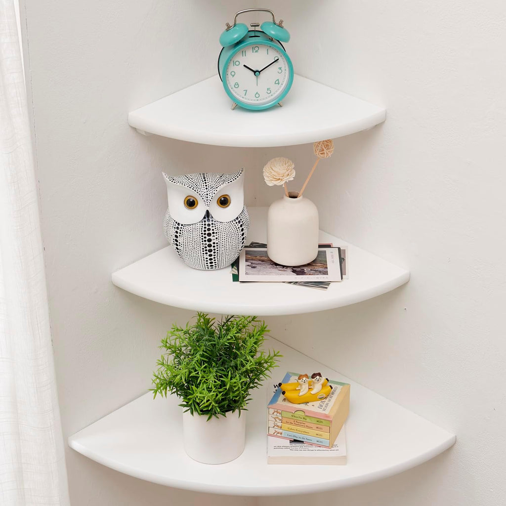 Corner Shelves, Floating Corner Shelf, Set of 3 Solid Oak Wood Corner Wall Shelves, Round End with Wire Hole Shelving for Small Plant for Bedroom Kitchen, Living Room (Size 9/10/12in)