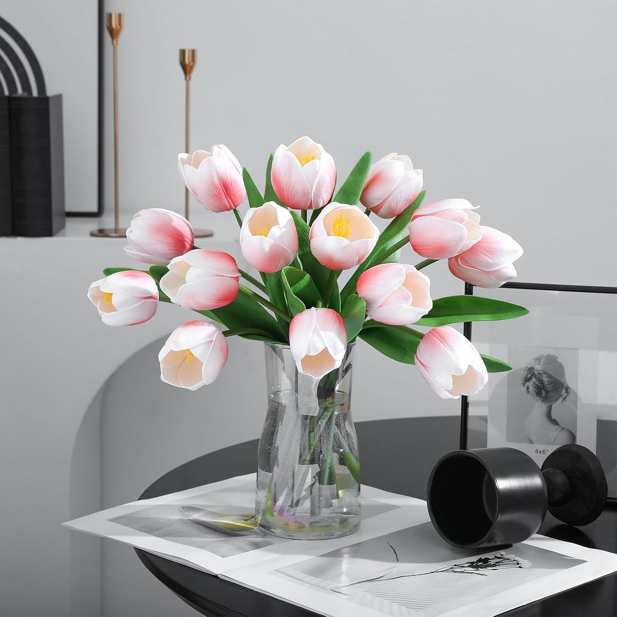 Light Pink Artificial Tulips, 2 Bundles 14Pcs, Fake Tulips Artificial Flowers, 2 x 2.4 Inch Large Flower Head Big Tulip, Easter Valentine's Day Mother's Day Home Decoration Flowers