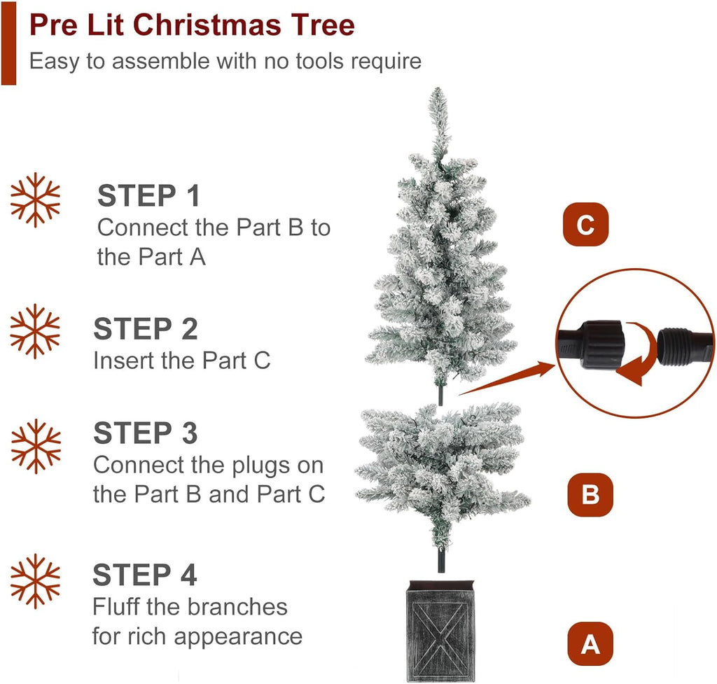 Set of 2 Christmas Trees with Lights 4-FT Artificial Potted Porch Snow Flocked Christmas Tree Battery Powered with 8 Modes and Timer for Indoor Outdoor