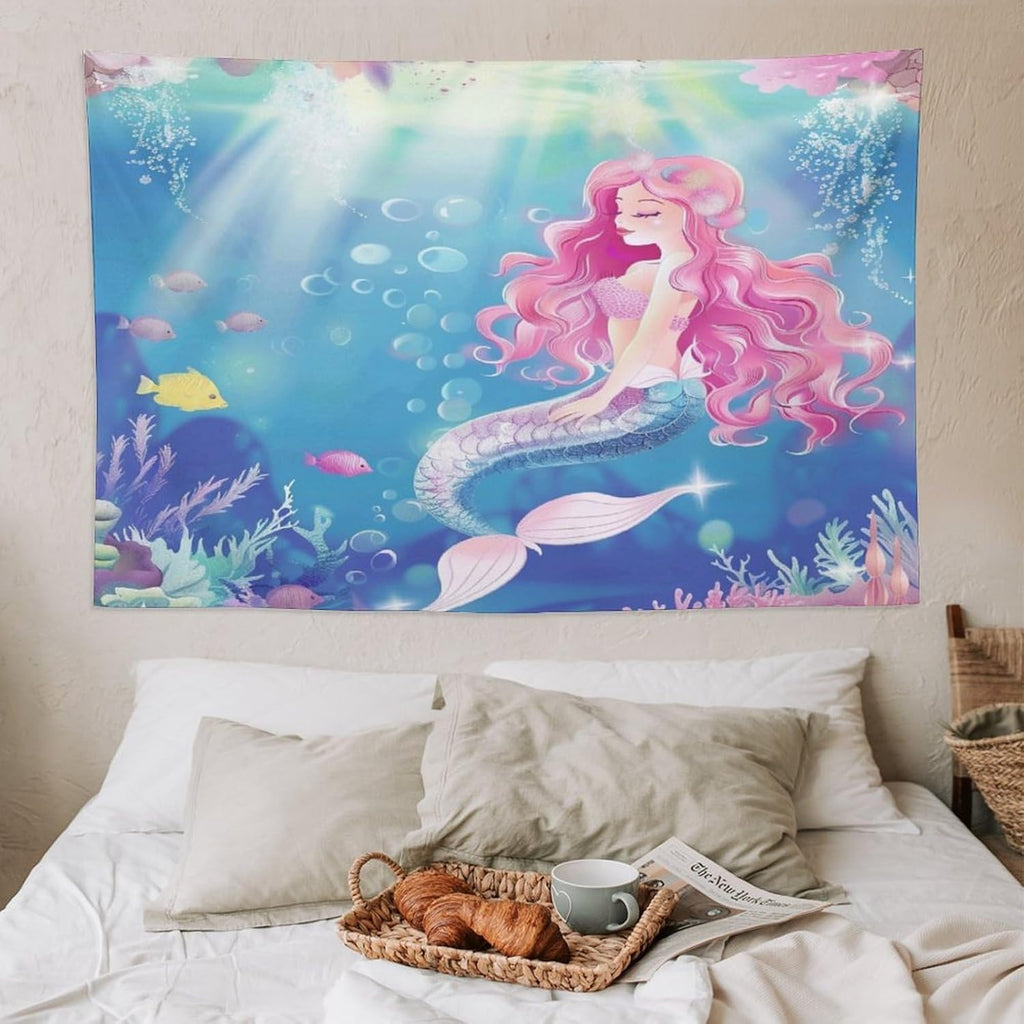 HZOHNAGO Mermaid Girls Tapestry Watercolor Mermaid Princess Pink Hair Pattern for Kids Room Decoration Printed Wall Tapestry Wall Hanging for Bedroom Living Room Dorm 90" W x 60" H
