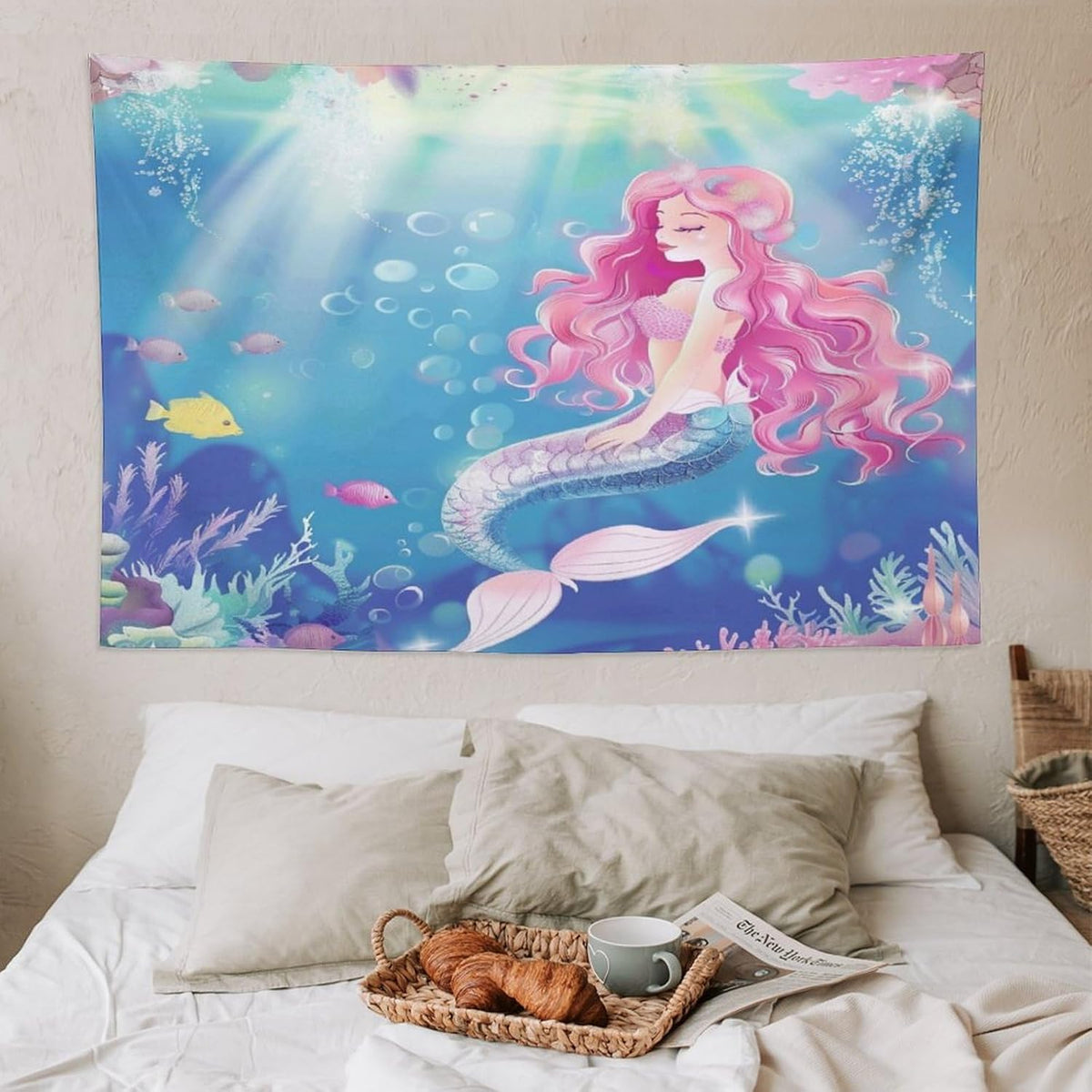 HZOHNAGO Mermaid Girls Tapestry Watercolor Mermaid Princess Pink Hair Pattern for Kids Room Decoration Printed Wall Tapestry Wall Hanging for Bedroom Living Room Dorm 90" W x 60" H