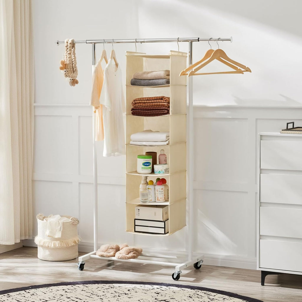 MAX Houser 6 Tier Shelf Hanging Closet Organizer, Cloth Hanging Shelf with 2 Sturdy Hooks for Storage, Foldable (Beige)
