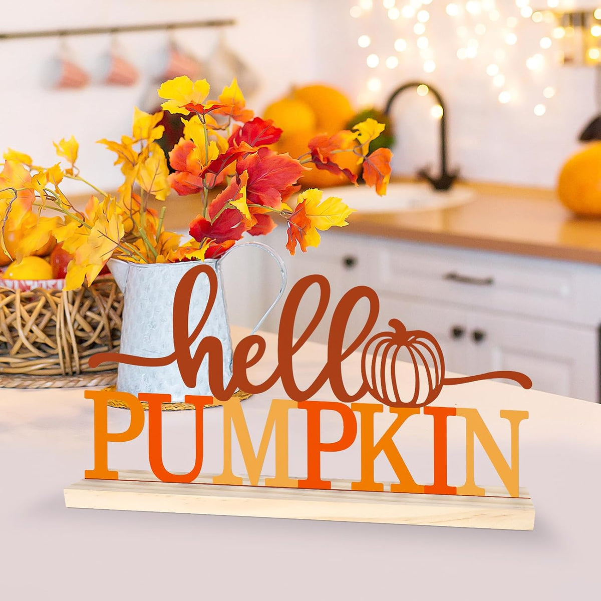 COCHIE Metal Hello Pumpkin Sign, Orange Fall Decorations for Home, Office, Shelf, Mantel, Indoor, Autumn Pumpkin Decoration, Hello Fall Decor (Autumn A)