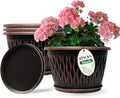 4 Pack 9 Inch Retro Plant Pots, Vintage Striped Flower Pots with Drainage Hole & Saucer, Large Plastic Planters for Indoor and Outdoor Plants, Decorative Garden Pots(Copper)