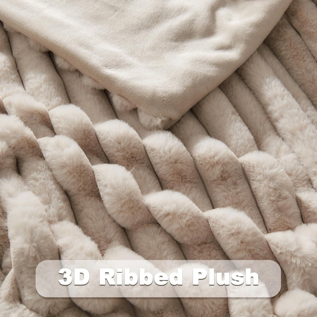 NEWCOSPLAY Faux Fur Throw Blanket Linen 3D Ribbed Plush Thick Warm Blanket for Couch Sofa Bed 850GSM (Linen Ribbed, Throw(50"x60"))