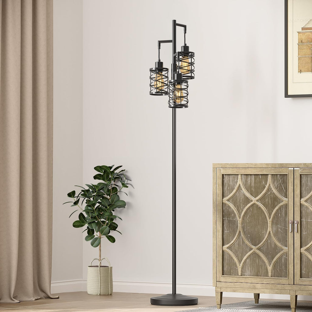 Oneach 70" Industrial Floor Lamp, Stepless Dimmable Standing Lamp with 3 Bulbs, Farmhouse Corner Standing Tree Lamp for Living Room, Tall Lamps for Bedroom, Office, Study Room, Dining Room, Black
