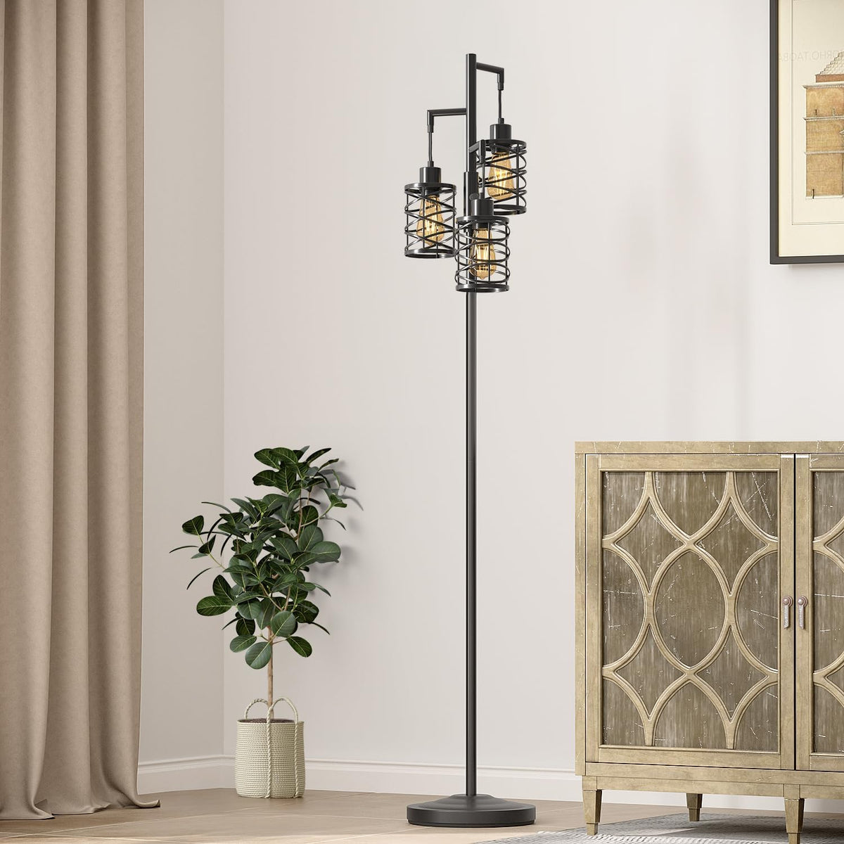 Oneach 70" Industrial Floor Lamp, Stepless Dimmable Standing Lamp with 3 Bulbs, Farmhouse Corner Standing Tree Lamp for Living Room, Tall Lamps for Bedroom, Office, Study Room, Dining Room, Black