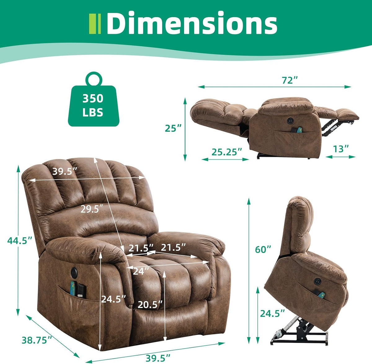 VIVIJASON Large Dual OKIN Motor Power Lift Recliner Chair for Elderly Big Man, 180° Lay Flat Electric Recliner with Heat & Massage, Infinite Position, 2 Remote Controls, Side Pockets & USB Port, Brown